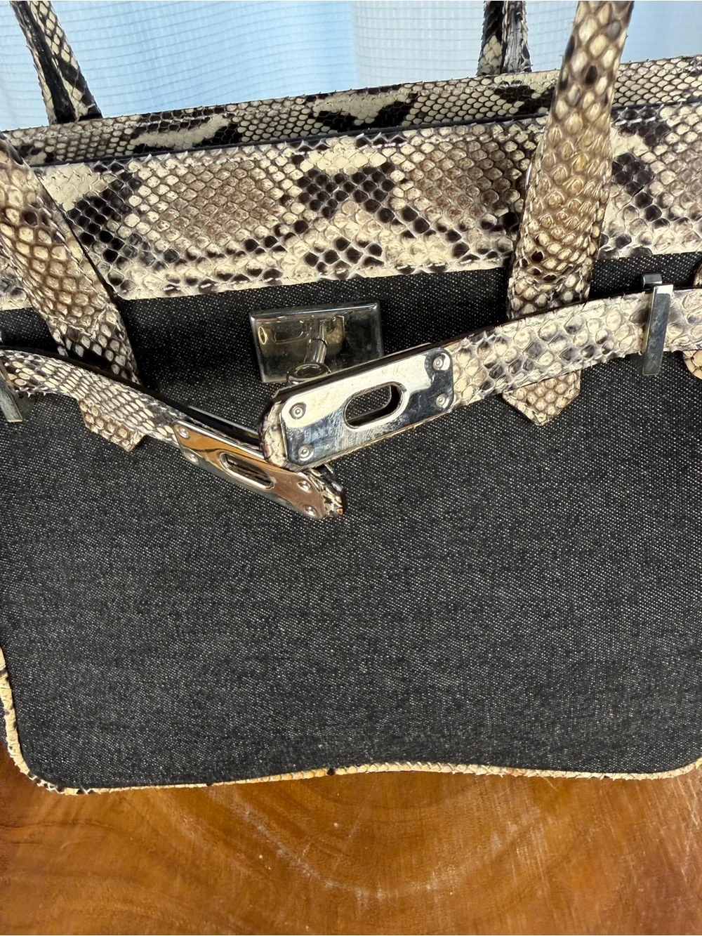 Castellari Milano Italian Leather & Denim Canvas Satchel-Snakeskin Leather Trim